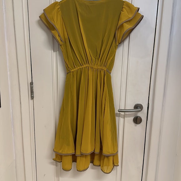 NWT Mustard & Black Lined dress with a double frill hemline & belt! UK L - Picture 11 of 13